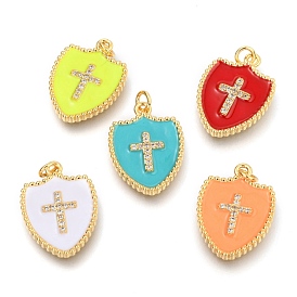 Brass Micro Pave Clear Cubic Zirconia Pendants, Long-Lasting Plated, with Jump Rings & Enamel, Real 18K Gold Plated, Shield with Cross