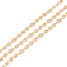 Handmade Brass Link Chains, with Cubic Zirconia, Flat Round and Coffee Bean Shape, Long-Lasting Plated, Soldered, with Spool, Lead Free & Cadmium Free