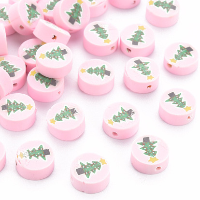 Handmade Polymer Clay Beads, Flat Round with Christmas Tree