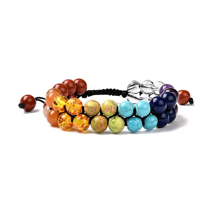 Round Imitation Amber & Mixed Stone Braided Bead Bracelet for Girl Wome, 7 Chakra 3 Layer Bracelet