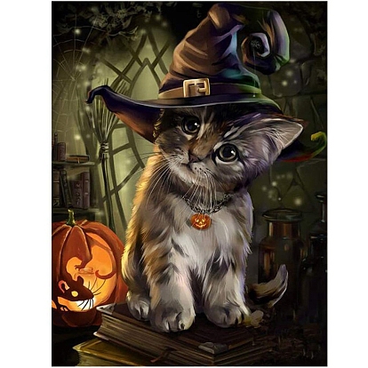 Halloween Cat Pumpkin Witch Hat Diamond Painting Kits for Adults Kids, DIY Full Drill Diamond Art Kit, Scary Picture Arts and Crafts for Beginners