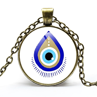 Alloy Cable Chain Necklaces, Glass Evil Eye/Teardrop/Hamsa Hand Pendant Necklaces for Sweater, Antique Bronze