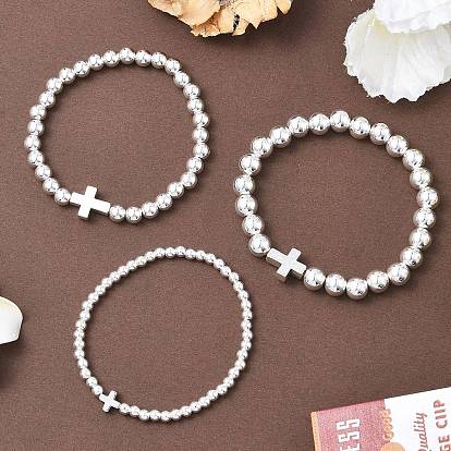 3шт. гальванизированные немагнитные синтетические гематитовые и сплавные и латунные круглые бусины, растягивающиеся браслеты для женщин, крестик