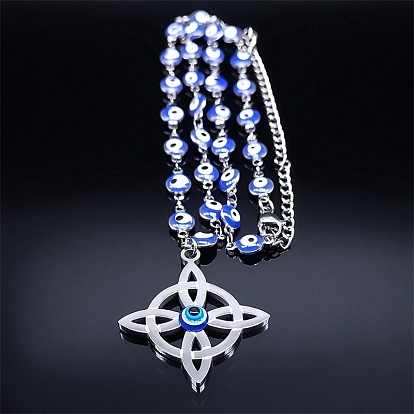 Stainless Steel Witches Knot Wiccan Symbol Pendant Necklaces, with Enamel Evil Eye Link Chains