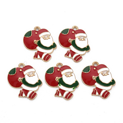 Rack Plating Alloy Enamel Pendants, Cadmium Free & Nickel Free & Lead Free, Father Christmas, Light Gold