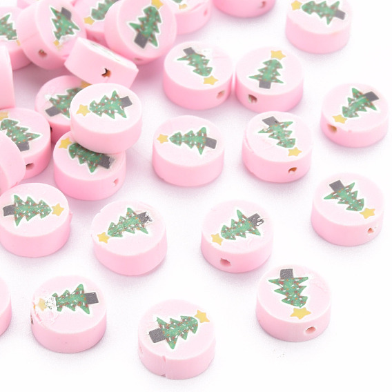 Handmade Polymer Clay Beads, Flat Round with Christmas Tree