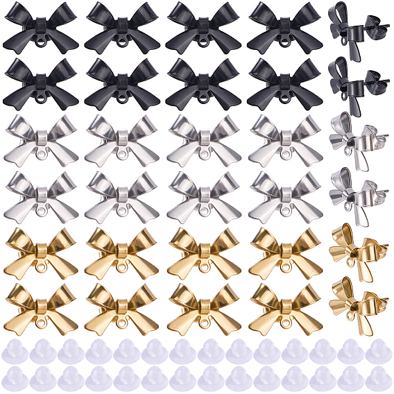 30 paires 3 couleurs 304 apprêts de boucles d'oreilles à clous en acier inoxydable avec nœud papillon, avec boucle, 60 pièces d'écrous d'oreille en plastique écologique