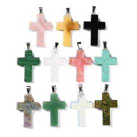 Mixed Gemstone Pendants, Cross Charms with Stainless Steel Color Plated Stainless Steel Snap on Bails