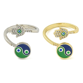 Yin-yang & Hamsa Hand with Evil Eye Enamel Rotatable Cuff Rings for Women, Brass Cubic Zirconia Fidget Spinner Rings for Calming Worry Meditation