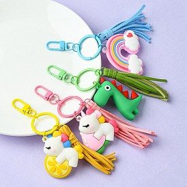 PVC Rainbow/Unicorn/Dinosaur Keychains, with Faux Suede Tassels and Iron Split Key Rings