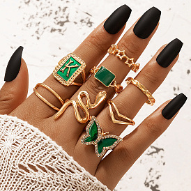 Stunning 8-Piece Women's Gold and Green K Letter Snake Butterfly Pentagram Ring Set
