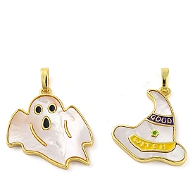 Halloween-Motiv, Messing-Emaille-Anhänger, cadmiumfrei und bleifrei, mit Pflastersteinschale, langlebig überzogen, echt 18 k vergoldet, Geist/Hexenhut/Mond mit Fledermaus