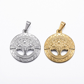 Ion Plating(IP) 304 Stainless Steel Pendants, Flat Round with Tree of Life