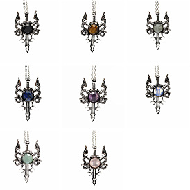 Gemstone Dragon Sword Pendant Necklace, Gothic Alloy Jewelry for Men Women, Antique Silver & Platinum