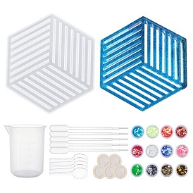 Olycraft Hollow Hexagon DIY Cup Mats Silicone Molds Kits, Resin Casting Molds, For UV Resin, Epoxy Resin Craft Making, with Plastic Pipettes, Nail Art Sequins, Latex Finger Cots