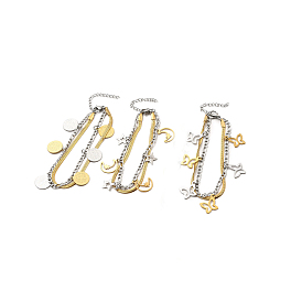 Dos tonos 304 acero inoxidable cadenas de serpiente planas y curvas pulsera de varias hebras de doble capa con amuletos para mujer, acero color oro y acero