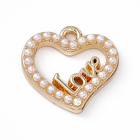 ABS Plastic Imitation Pearl Pendants, with Light Gold Alloy Finding, Heart with Word Love