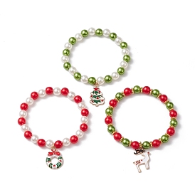 ABS Plastic Imitation Pearl  Stretch Bracelets, with Alloy Enamel Pendants