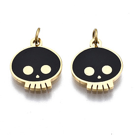 316 Surgical Stainless Steel Enamel Charms, with Jump Rings, Skull, Black