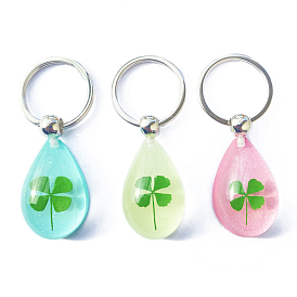 Resin Pendant Keychain, with Iron Finding, Teardrop with Clover