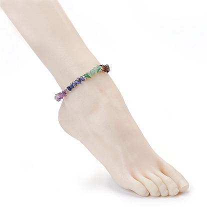 Chakra Chips Natural Gemstone Beaded Anklets, with Alloy Beads, Antique Silver & Platinum