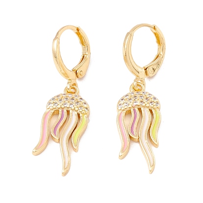 Enamel Jellyfish Dangle Leverback Earrings with Clear Cubic Zirconia, Real 18K Gold Plated Brass Drop Earrings, Lead Free & Cadmium Free