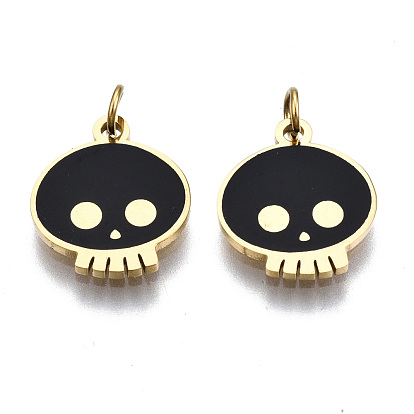 316 Surgical Stainless Steel Enamel Charms, with Jump Rings, Skull, Black