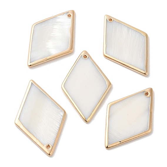 Electroplated Natural Freshwater Shell Pendants with Golden Plated Brass Edge, Rhombus Charms