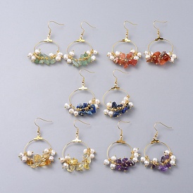 Natural Gemstone Chip Beads Dangle Earrings, with Pearl Beads, Brass Findings and 304 Stainless Steel Earring Hooks