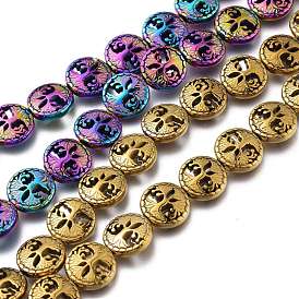 Non-magnetic Synthetic Hematite Beads Strands, Vacuum Plating(Color Retention for 3 Years), Flat Round with Tree of Life
