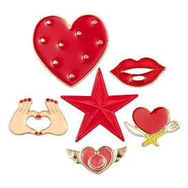 6Pcs 6 Style Alloy Enamel Brooches, Enamel Pin, with Brass Butterfly Clutches, Heart & Star & Lip & Gesture for Finger Heart & Heart with Wing & Heart with Knives and Forks, Light Gold