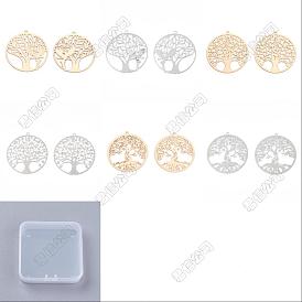 36Pcs 6 Styles Rack Plating Brass Filigree Pendants, Long-Lasting Plated, Flat Round with Tree of Life