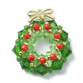 Imitation Austrian Glass Beaded Pendants, with Nylon Wire & Brass Loops, Christmas Wreath Charms
