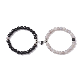 8mm Round Natural Black Onyx(Dyed & Heated) and Crackle Agate Beaded Stretch Bracelet Sets, Couple Bracelets with Heart Alloy Magnetic Clasps