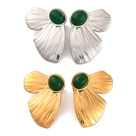 304 Stainless Steel Stud Earrings, Dark Green Natural Stone Earrings for Women, Butterfly Wing