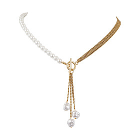 304 Stainless Steel Curb Chain Necklaces, Shell Pearl Bead Necklaces