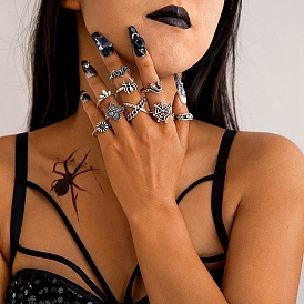 9Pcs 9 Styles Aniaml Alloy Spider & Snake & Bat & Flower Finger Rings Sets for Women