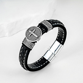 Vintage 201 Stainless Steel Cross Medal Braided PU Leather Cord Bracelets with Magnetic Clasps for Unisex, Stainless Steel Color