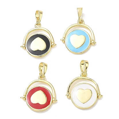 Brass with Enamel Spinning Pendants, Flat Round with Heart Charms, Golden
