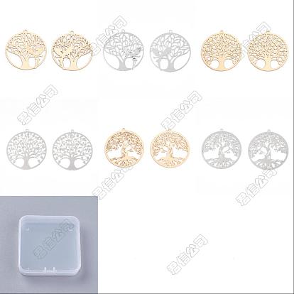 36Pcs 6 Styles Rack Plating Brass Filigree Pendants, Long-Lasting Plated, Flat Round with Tree of Life