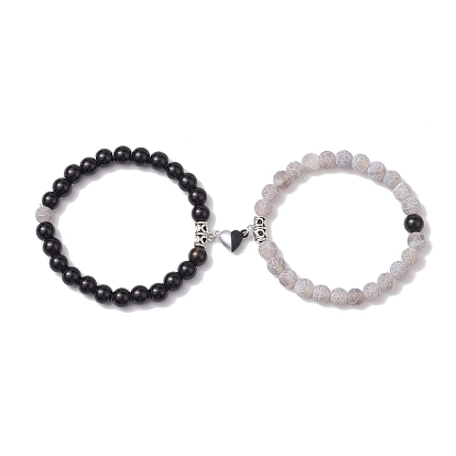 Conjuntos de pulseras elásticas con cuentas de ónix negro natural redondo de 8 mm (teñido y calentado) y ágata craquelada, pulseras de pareja con cierres magnéticos de aleación de corazón