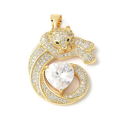 Латунные микро проложить кубического циркония подвески, без кадмия и без свинца, леопард с сердцем, прозрачные