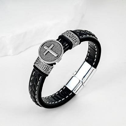 Vintage 201 Stainless Steel Cross Medal Braided PU Leather Cord Bracelets with Magnetic Clasps for Unisex, Stainless Steel Color
