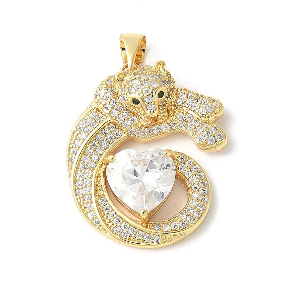 Латунные микро проложить кубического циркония подвески, без кадмия и без свинца, леопард с сердцем, прозрачные