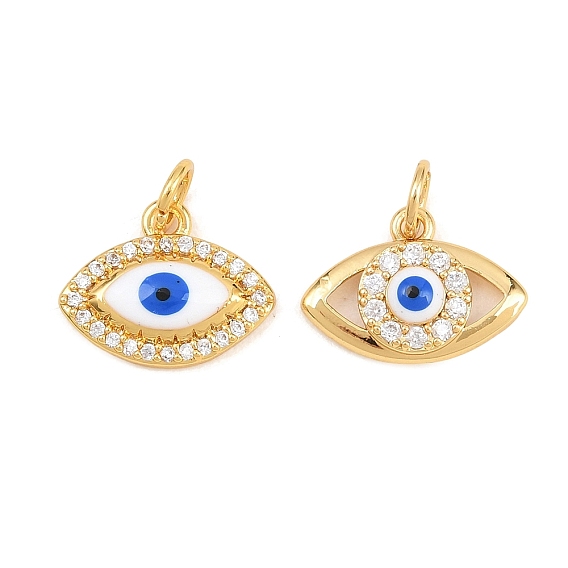 Breloques en laiton zircon cubique transparent, émail blanc et bleu, Charmes d'oeil à cheval