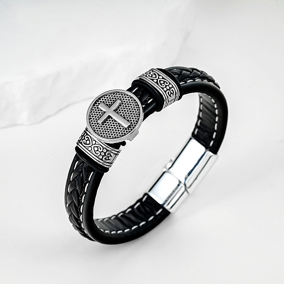 Vintage 201 Stainless Steel Cross Medal Braided PU Leather Cord Bracelets with Magnetic Clasps for Unisex, Stainless Steel Color