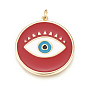 Brass Enamel Pendants, Long-Lasting Plated, Lead Free & Cadmium Free & Nickel Free, Flat Round with Evil Eye, Real 18K Gold Plated