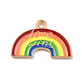 Rainbow Color Alloy Enamel Pendants, Rainbow with Word Love Wins, Light Gold