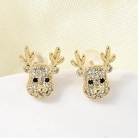 Серьги-гвоздики с оленями из латуни с микропаве из прозрачных кубических цирконий, долговечный, без никеля 