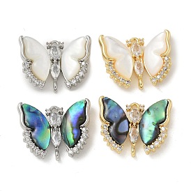 Brass Clear Cubic Zirconia Connector Charms, Natural Paua Shell/White Shell Butterfly Links